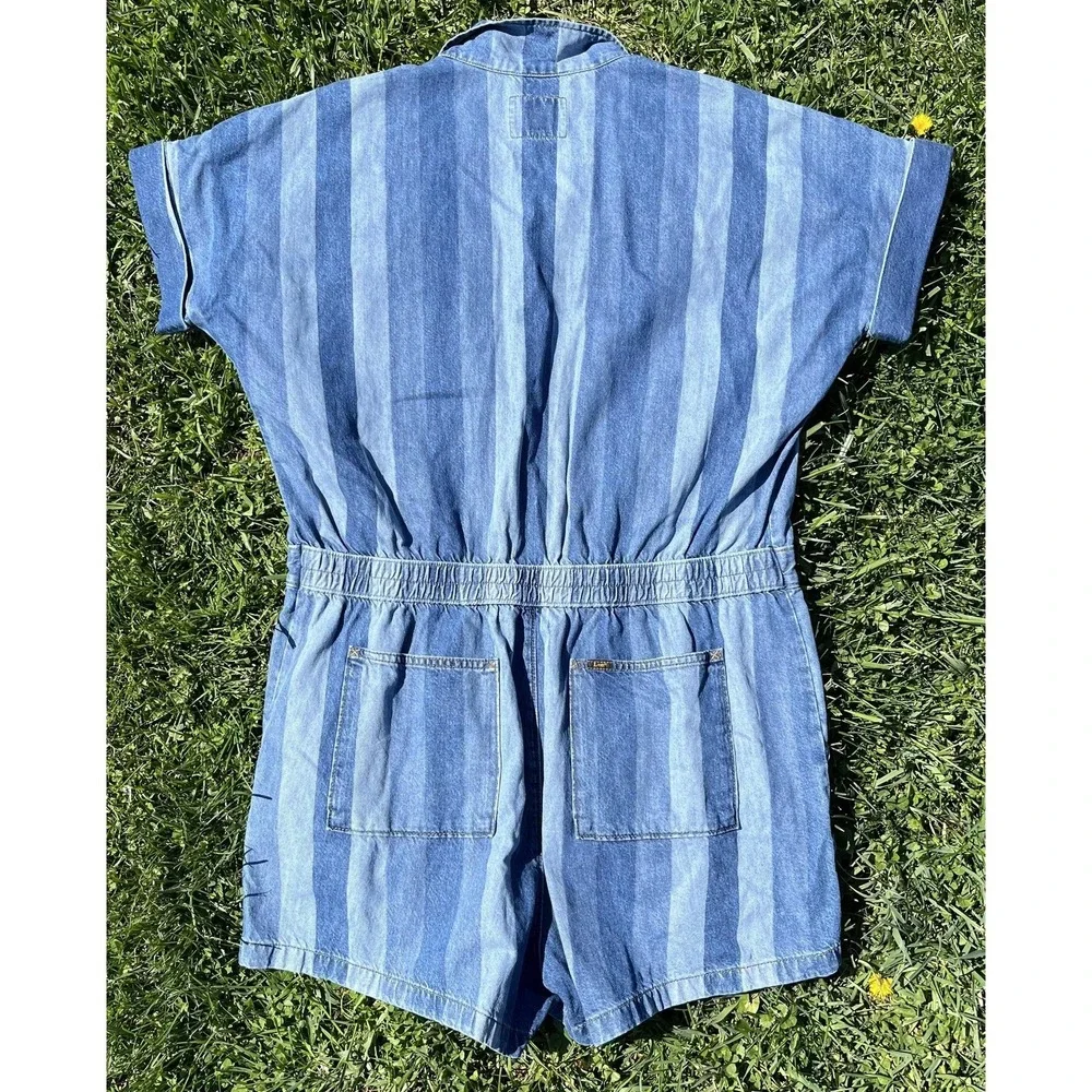 Vintage Lee Union‎ Alls Denim Romper XL Striped Workwear Shortalls 90s